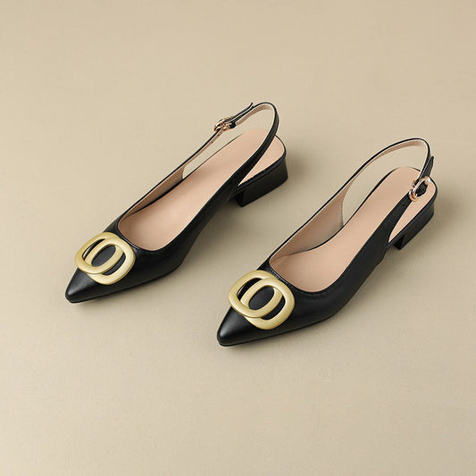 Black Leather Slingback Flats With A Unique Gold-Tone Double Loop Detail On The Vamp.