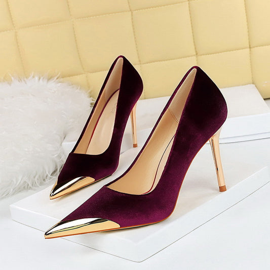 Suede Deep Red Heels With Gold Toe Caps