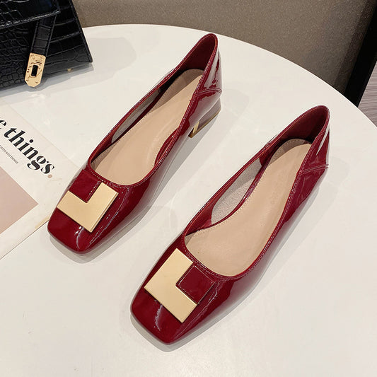 Square Toe Patent Leather Flats Red